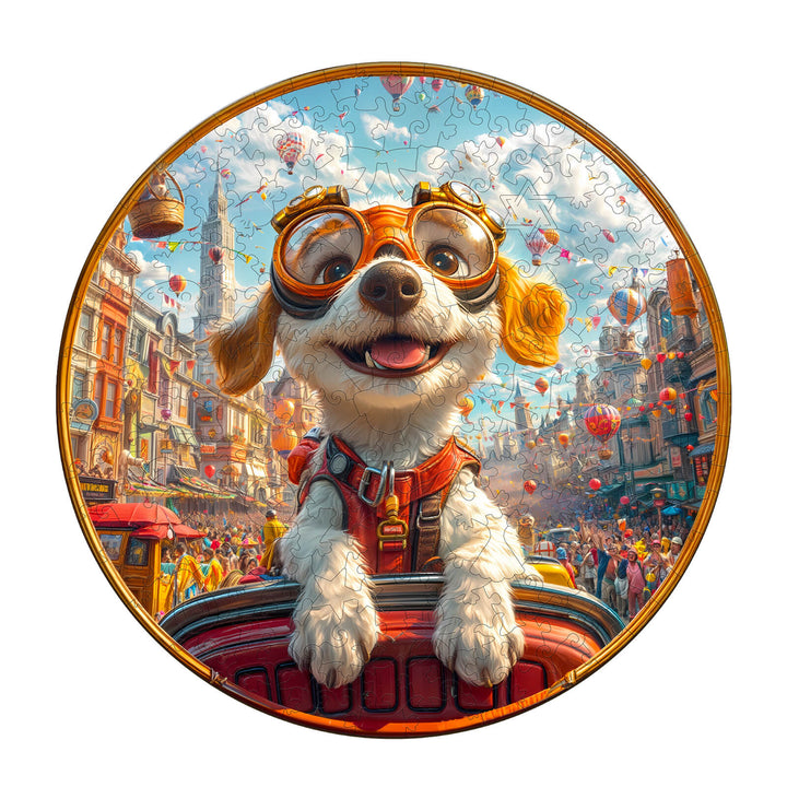 Colorful Parade Navigator wooden jigsaw puzzle featuring a playful dog with glasses enjoying a festive street scene.