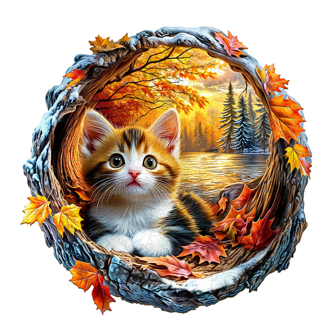 3D kitten in autumn surrounded by colorful leaves and a serene lake, perfect for jigsaw puzzle enthusiasts.