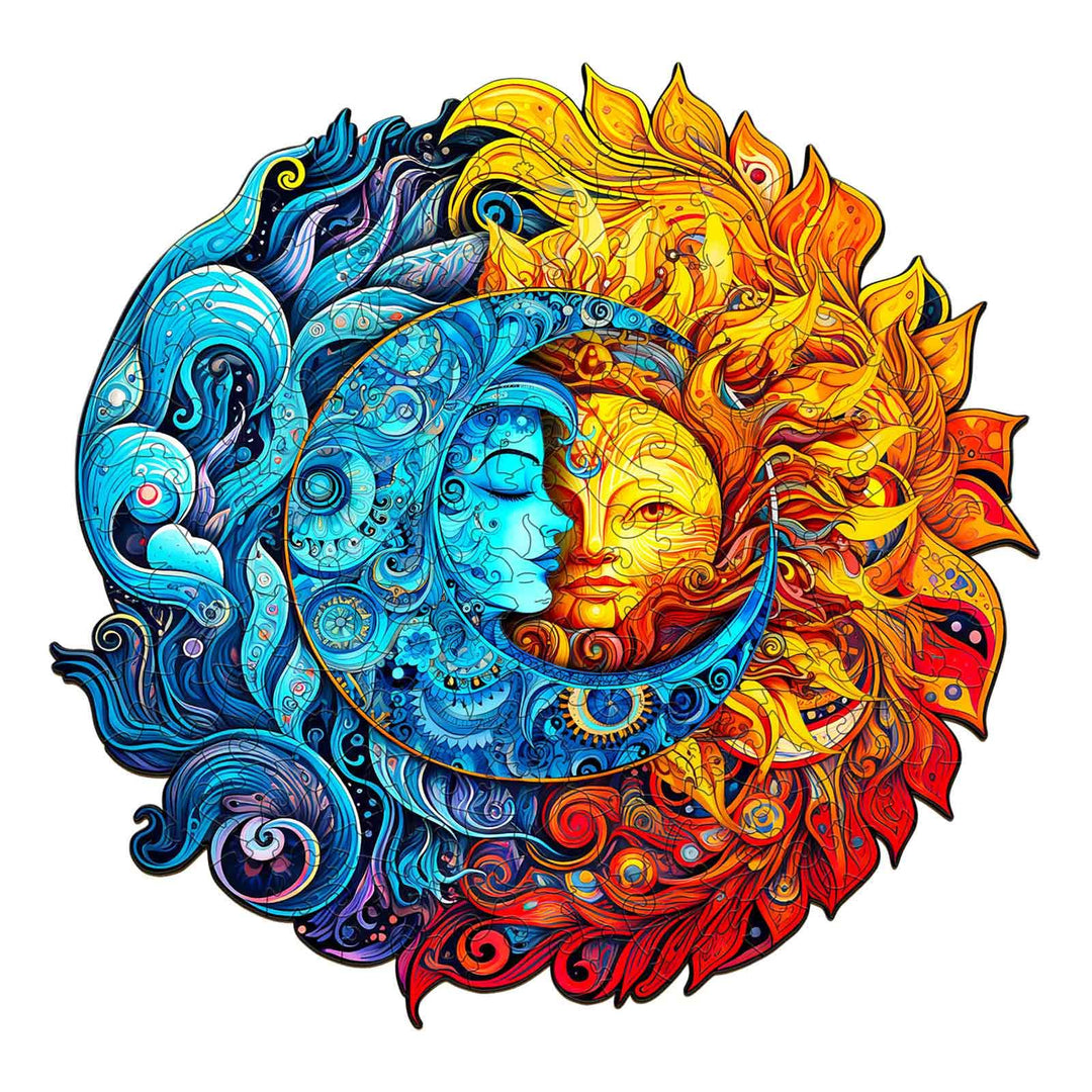 Colorful Sun and Moon wooden jigsaw puzzle featuring intricate designs in blue and orange tones.