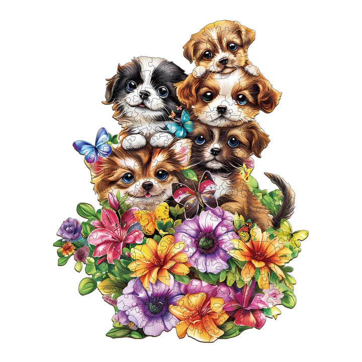 Cute Dogs Wooden Jigsaw Puzzle featuring four adorable puppies surrounded by colorful flowers and butterflies.