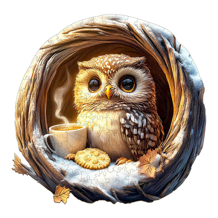 3D Cave Cute Owl Wooden Jigsaw Puzzle featuring an owl, tea, and cookies in a cozy nest, ideal for mind games.