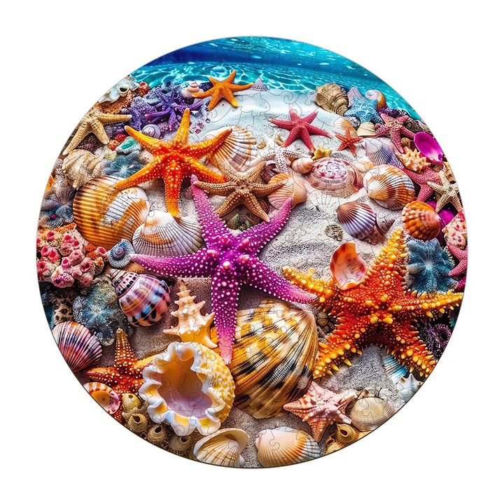 Colorful starfish and seashells on a sandy ocean floor, perfect for jigsaw puzzle lovers and mind games enthusiasts.