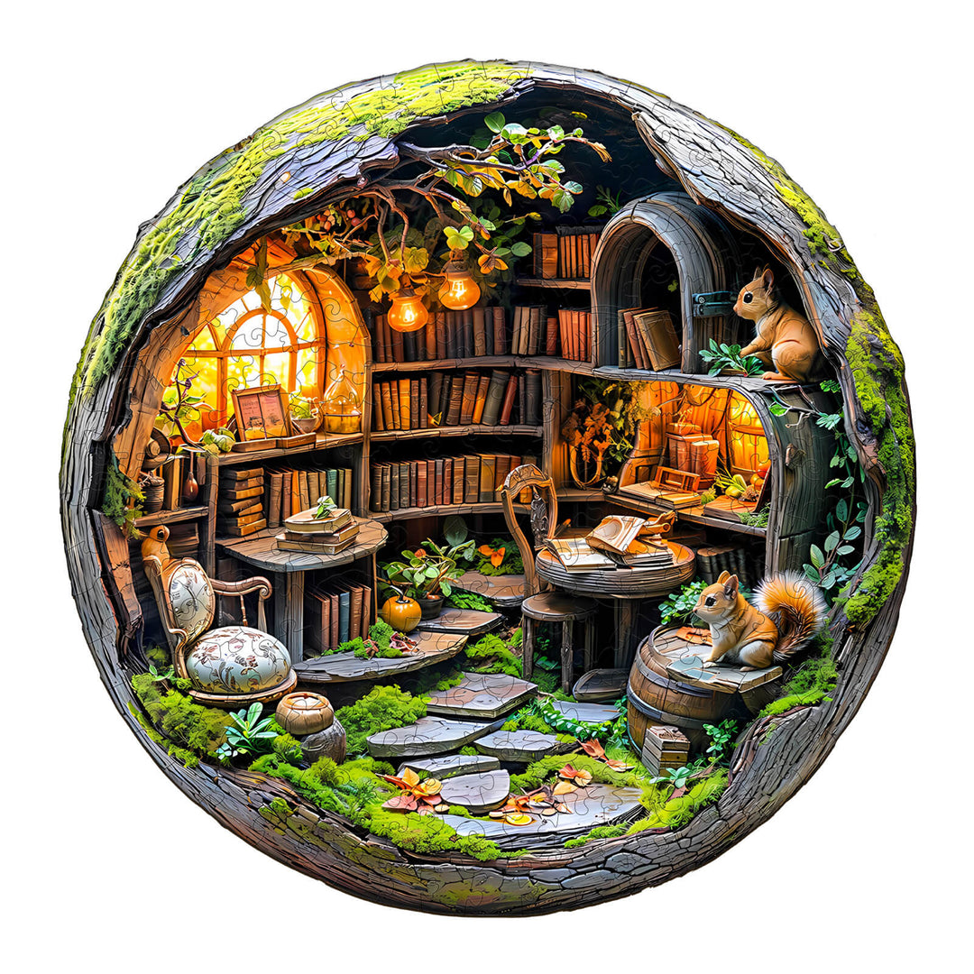 Moosbewachsene Bibliothek 3D-Holzpuzzle