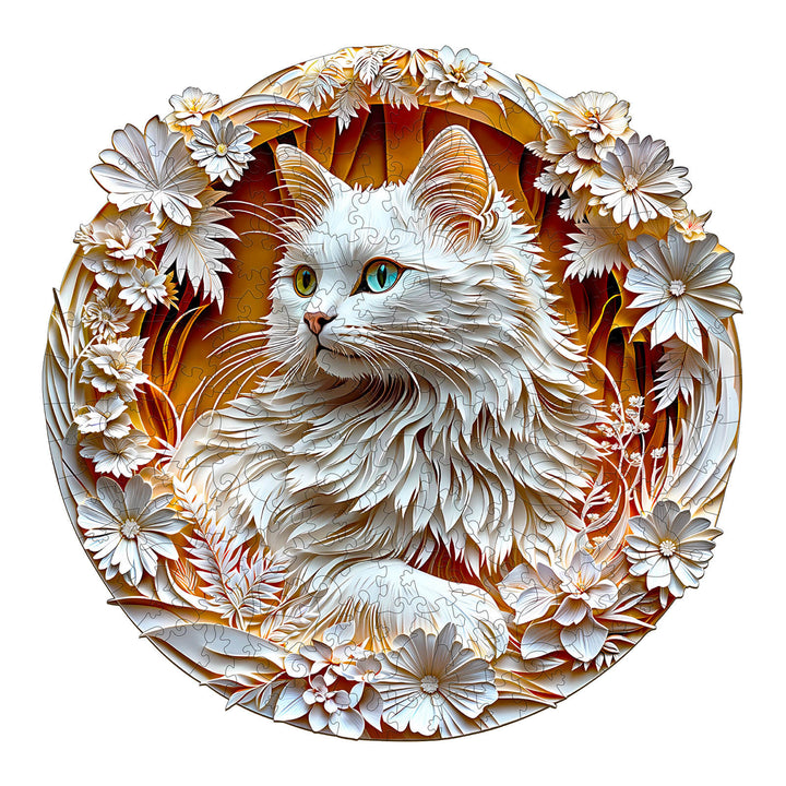 3D Cat-2 Wooden Jigsaw Puzzle featuring a fluffy white cat surrounded by flowers, ideal for mind games and puzzle enthusiasts.