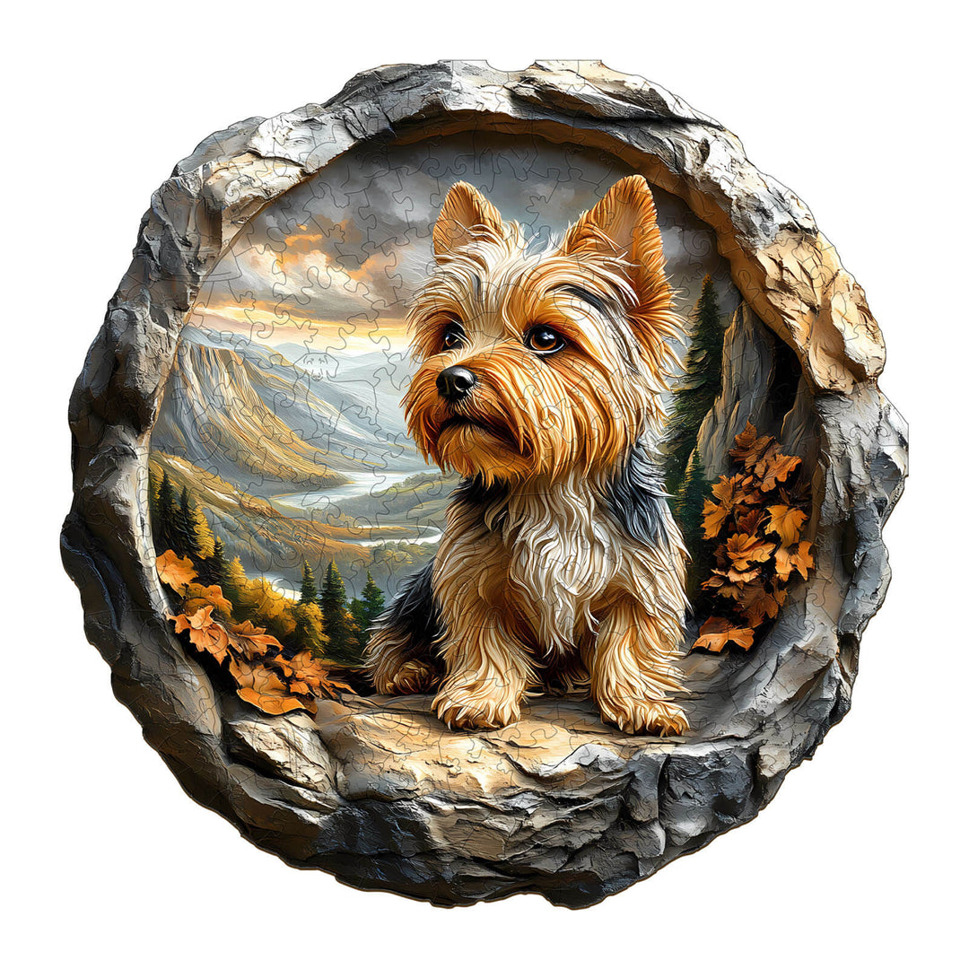 3D Yorkshire wooden jigsaw puzzle featuring a detailed Yorkshire Terrier surrounded by a scenic landscape.