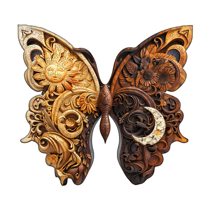 Yin Yang Butterfly Wooden Jigsaw Puzzle featuring intricate floral designs and a sun and moon motif, perfect for mind games.