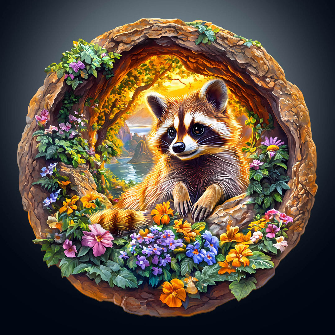 3D Raccoon on Vacation Wooden Jigsaw Puzzle - Woodbests