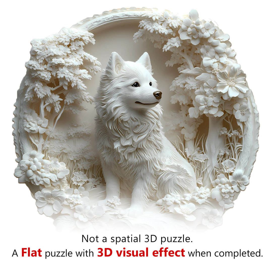 3D Paper Samoyed Wooden Jigsaw Puzzle showcased, featuring a detailed 3D visual effect with floral design.