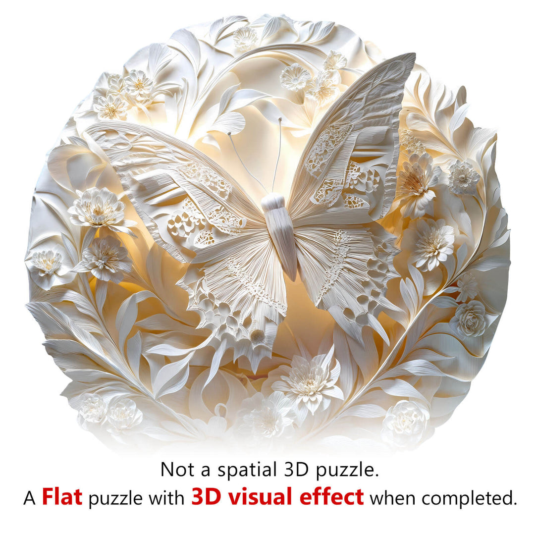 3D Paper Butterfly Wooden Jigsaw Puzzle showcasing intricate floral designs and 3D visual effects upon completion.