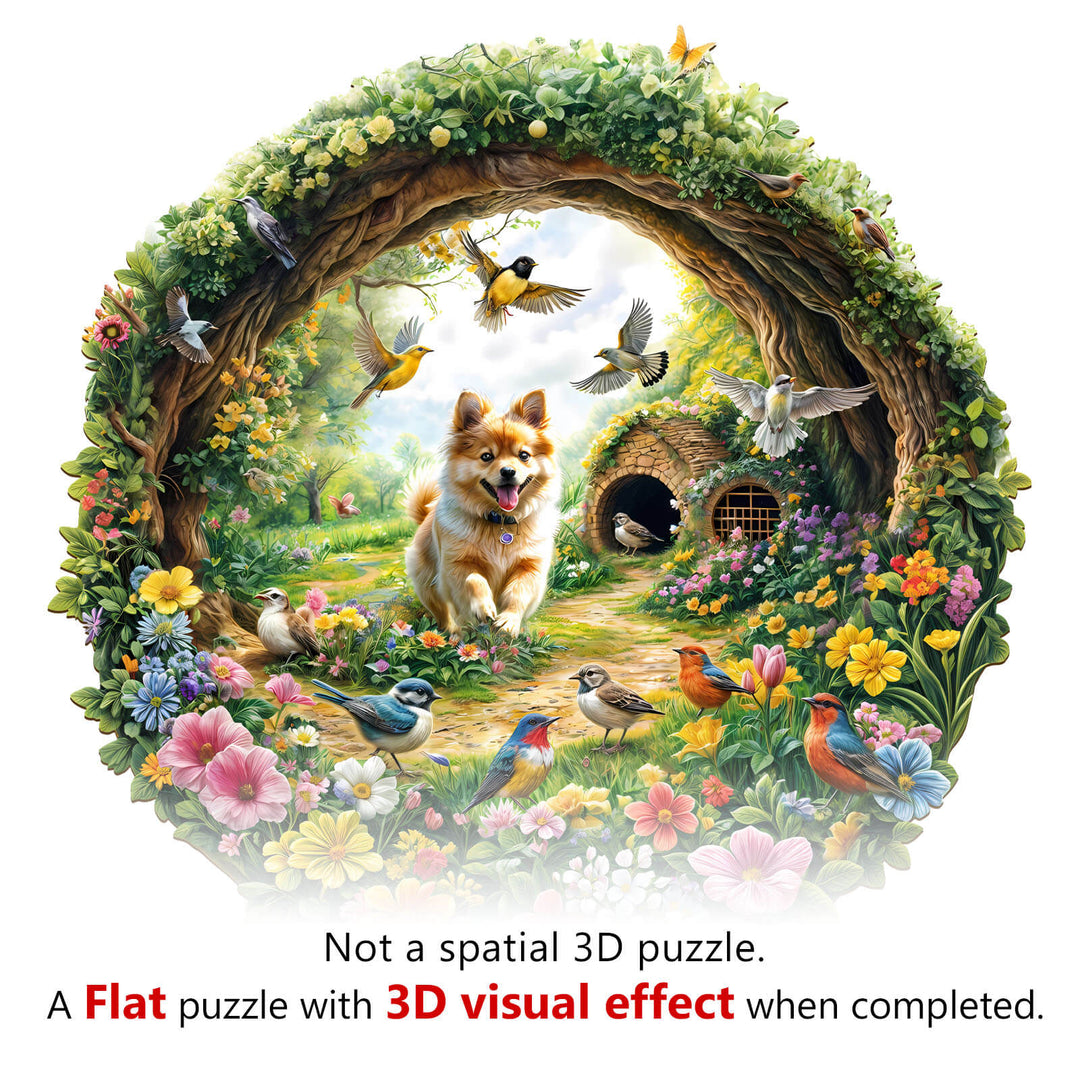 Spring Birds Wooden Jigsaw Puzzle featuring a vibrant scene with flowers, a corgi, and various birds. Perfect for puzzle enthusiasts!
