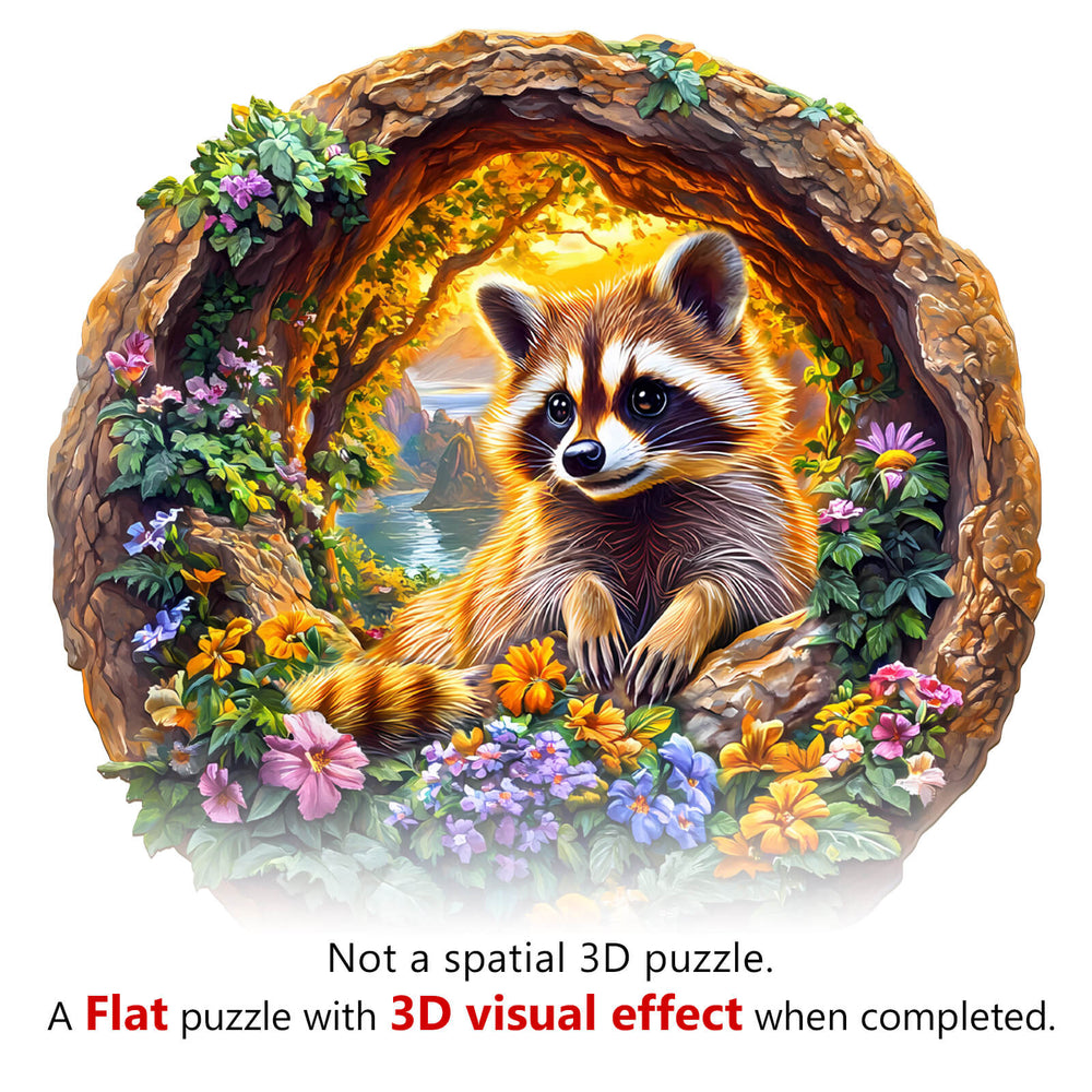 Colorful 3D raccoon wooden jigsaw puzzle surrounded by flowers and nature, offering a fun mental challenge.