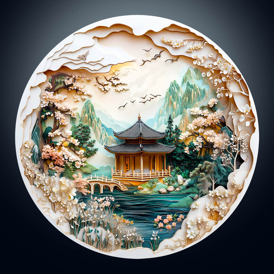 3D Chinese landscape painting jigsaw puzzle featuring a serene pagoda by a river, surrounded by mountains and blooming flowers.