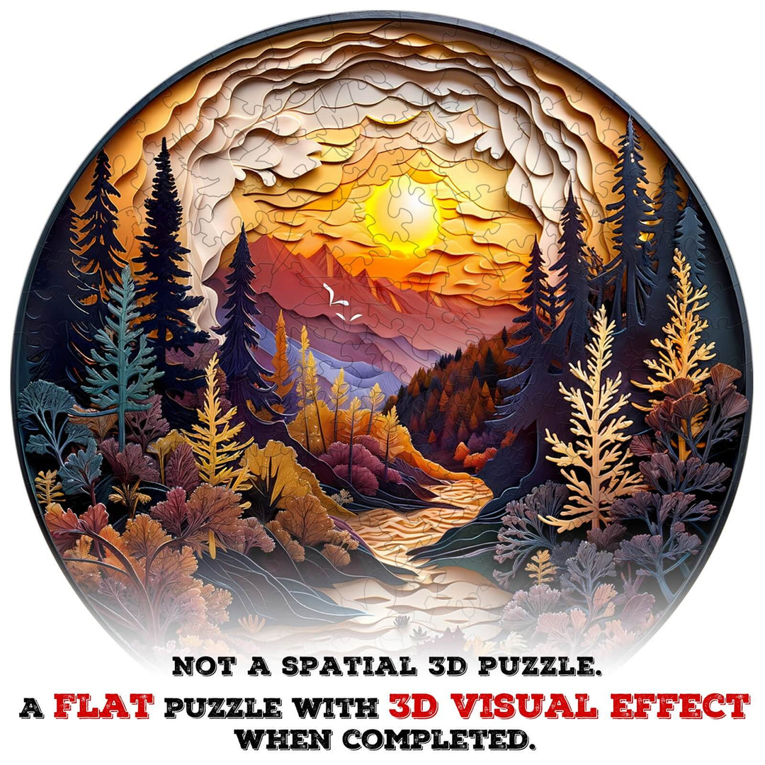 3D Sunset Forest Wooden Jigsaw Puzzle displaying vibrant colors and trees, offering a unique 3D visual effect when complete.
