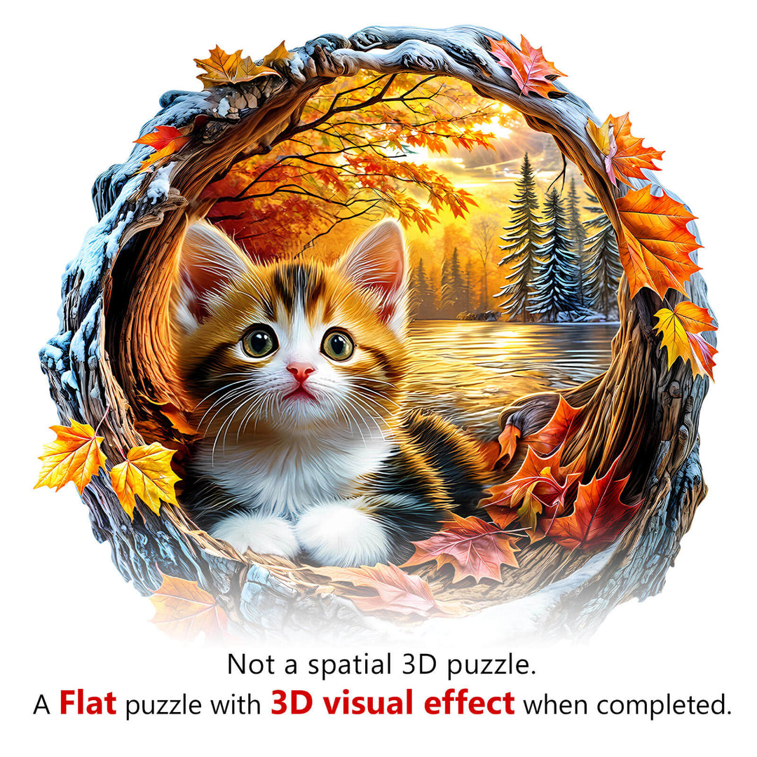 3D Kitten in Autumn wooden jigsaw puzzle showcasing a playful cat surrounded by colorful autumn leaves.