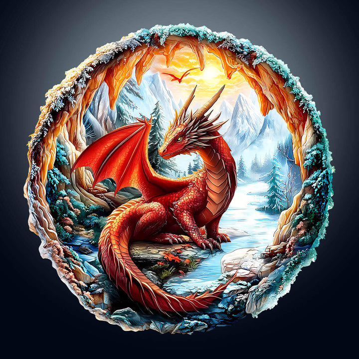 3D Crimson King wooden jigsaw puzzle featuring a red dragon in a frozen cave with glowing details.