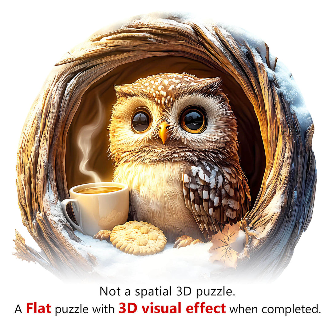 3D Cave Cute Owl Wooden Jigsaw Puzzle with 3D visual effect and coffee cup, perfect for enhancing focus and intelligence.