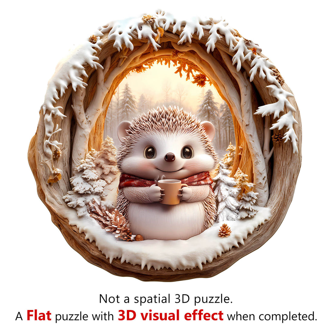 3D Cave Hedgehog wooden jigsaw puzzle featuring a cute hedgehog in a forest setting, ideal for focused puzzle-solving.