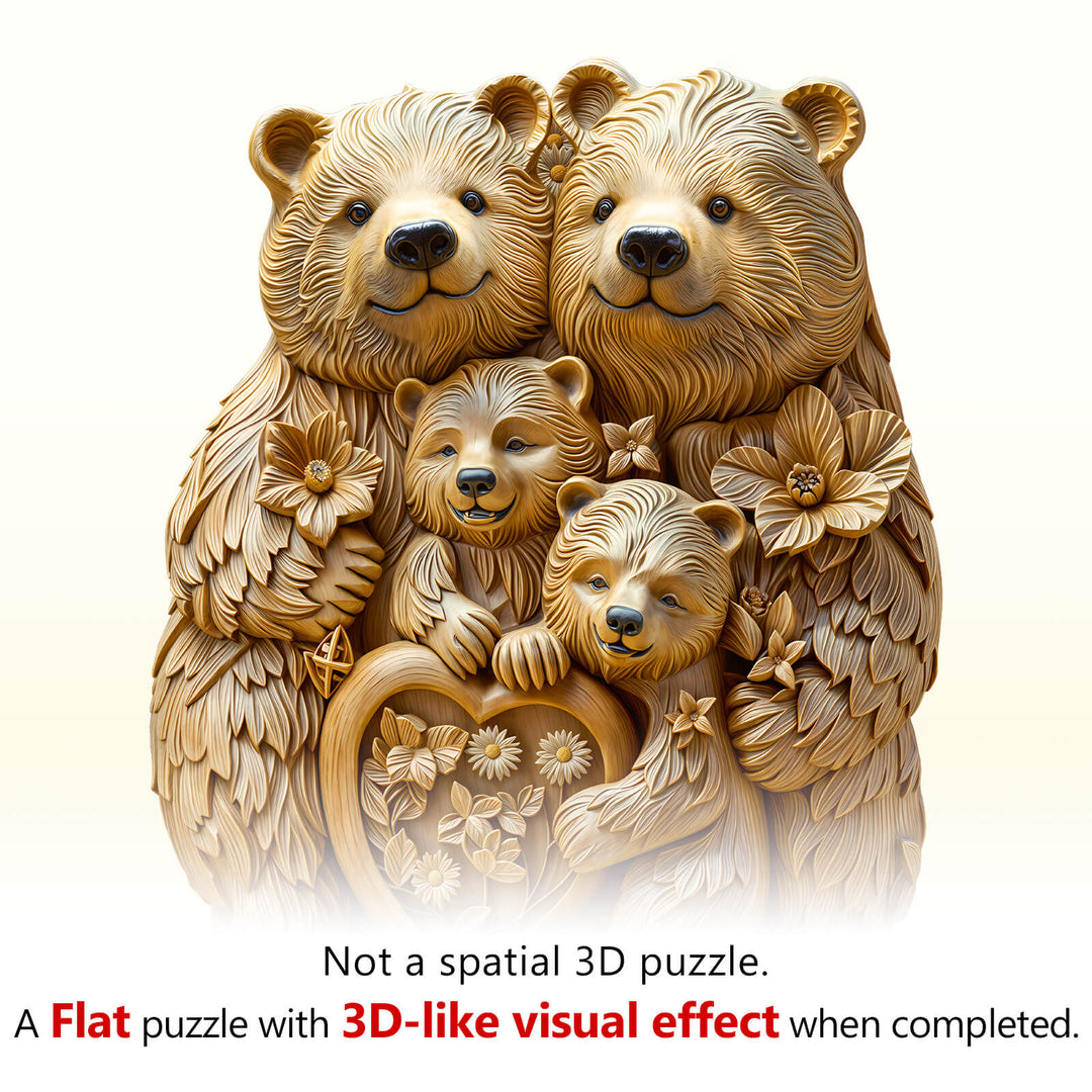 Woodcarve bear family wooden jigsaw puzzle showcasing bears and flowers with 3D-like visual effect.