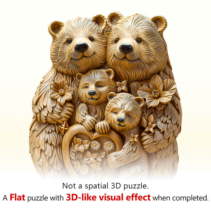 Woodcarve bear family wooden jigsaw puzzle showcasing bears and flowers with 3D-like visual effect.
