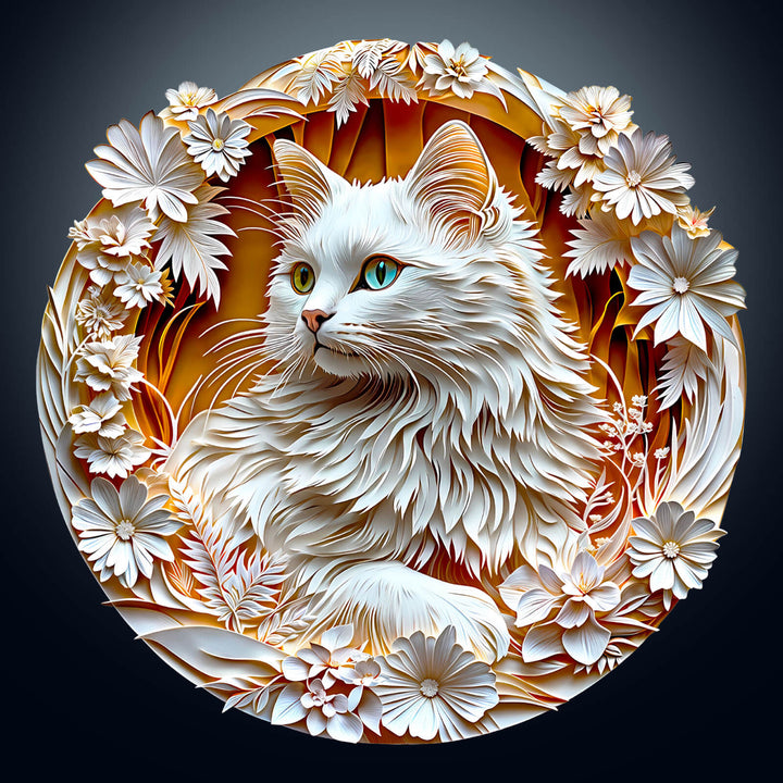 3D Cat-2 Wooden Jigsaw Puzzle featuring a detailed white cat surrounded by flowers, designed for puzzle enthusiasts and mind games.