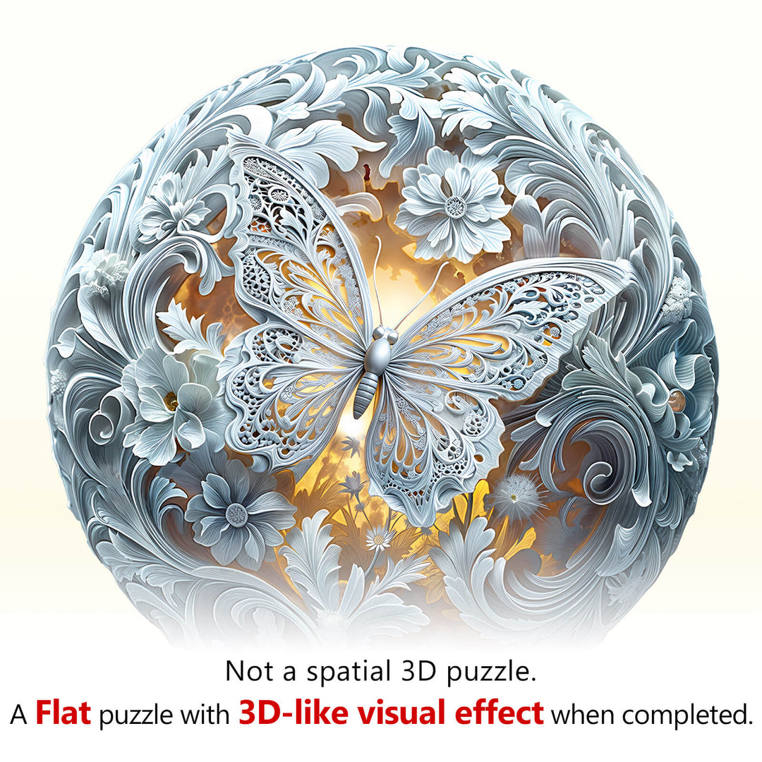 Celestial Wings wooden jigsaw puzzle featuring intricate butterfly design and floral patterns, creating a 3D-like effect.