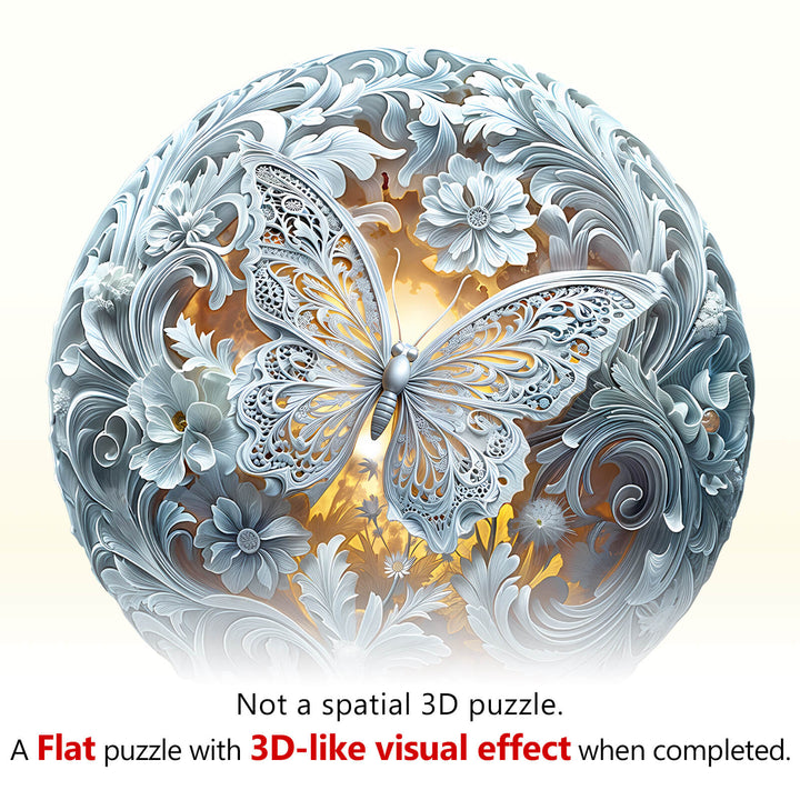 Celestial Wings wooden jigsaw puzzle featuring intricate butterfly design and floral patterns, creating a 3D-like effect.