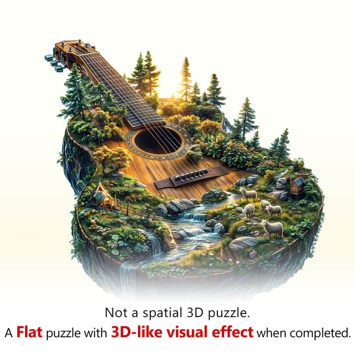 Forest guitar wooden jigsaw puzzle featuring a scenic landscape with trees, water, and animals in 3D-like visual effect.