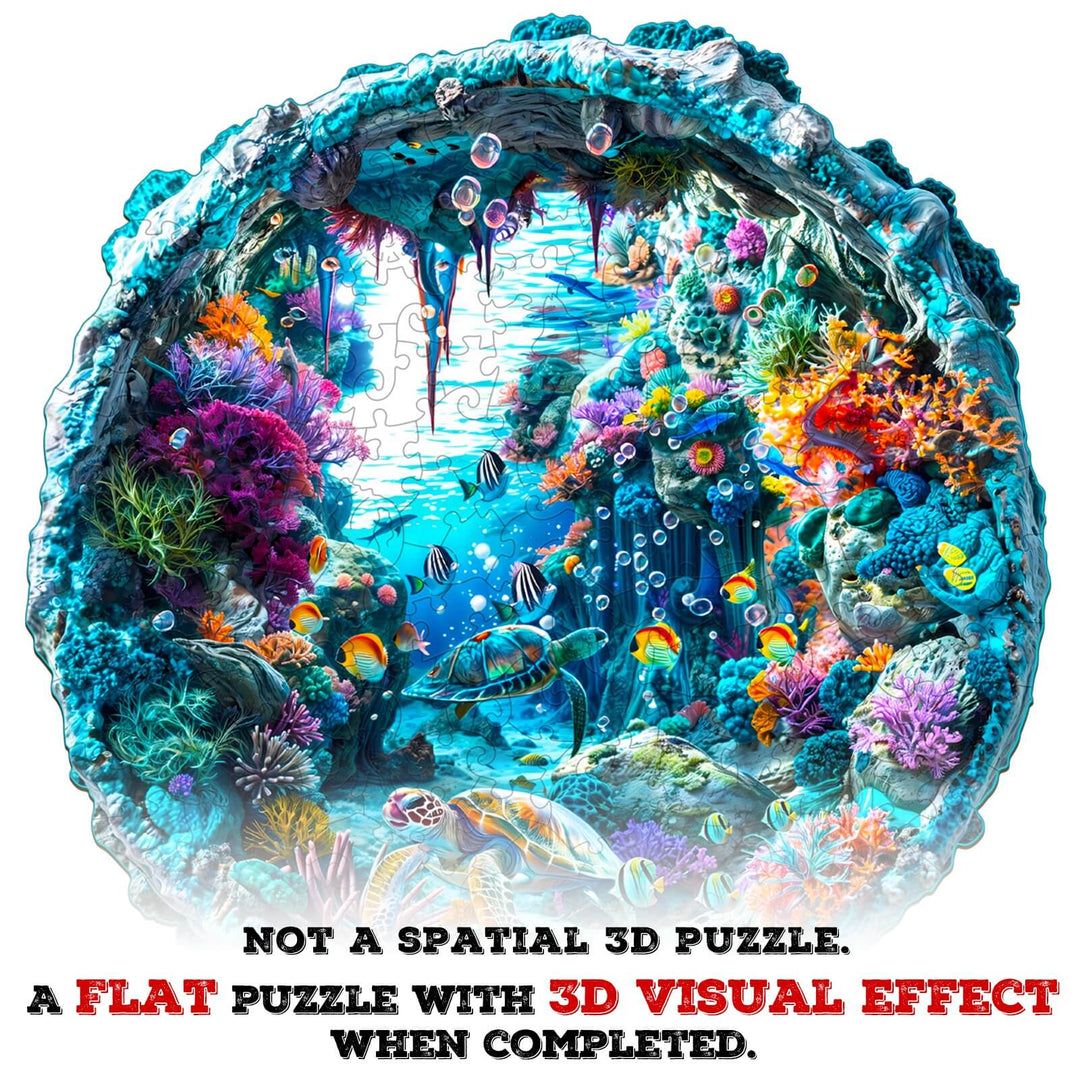 3D Seabed wooden jigsaw puzzle showcasing vibrant marine life and 3D visual effects when completed.