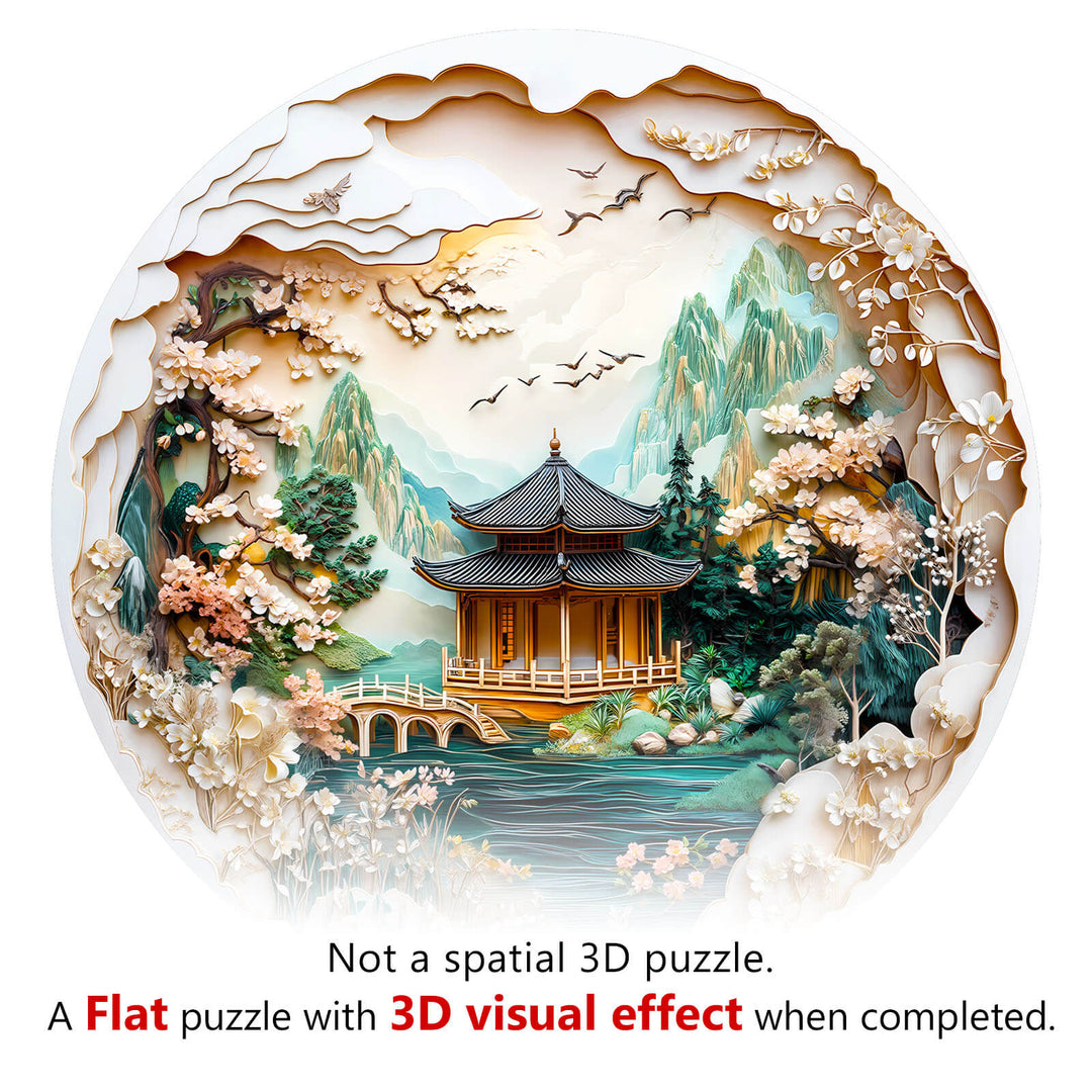 3D Chinese Landscape Painting wooden jigsaw puzzle with 3D visual effect, showcasing beautiful scenery and intricate details.