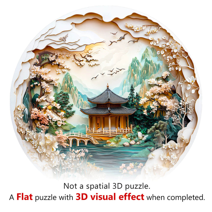 3D Chinese Landscape Painting wooden jigsaw puzzle with 3D visual effect, showcasing beautiful scenery and intricate details.