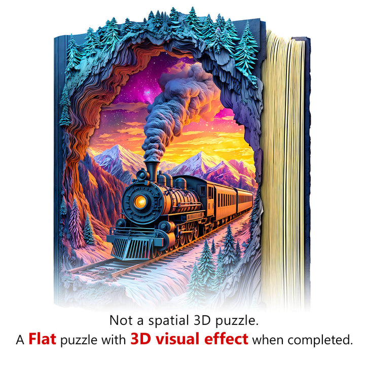3D Aurora Train Wooden Jigsaw Puzzle showcasing a colorful train scene with visual depth and forest details.
