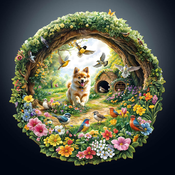 Spring Birds Wooden Jigsaw Puzzle featuring vibrant flowers, birds, and a corgi exploring a whimsical landscape.