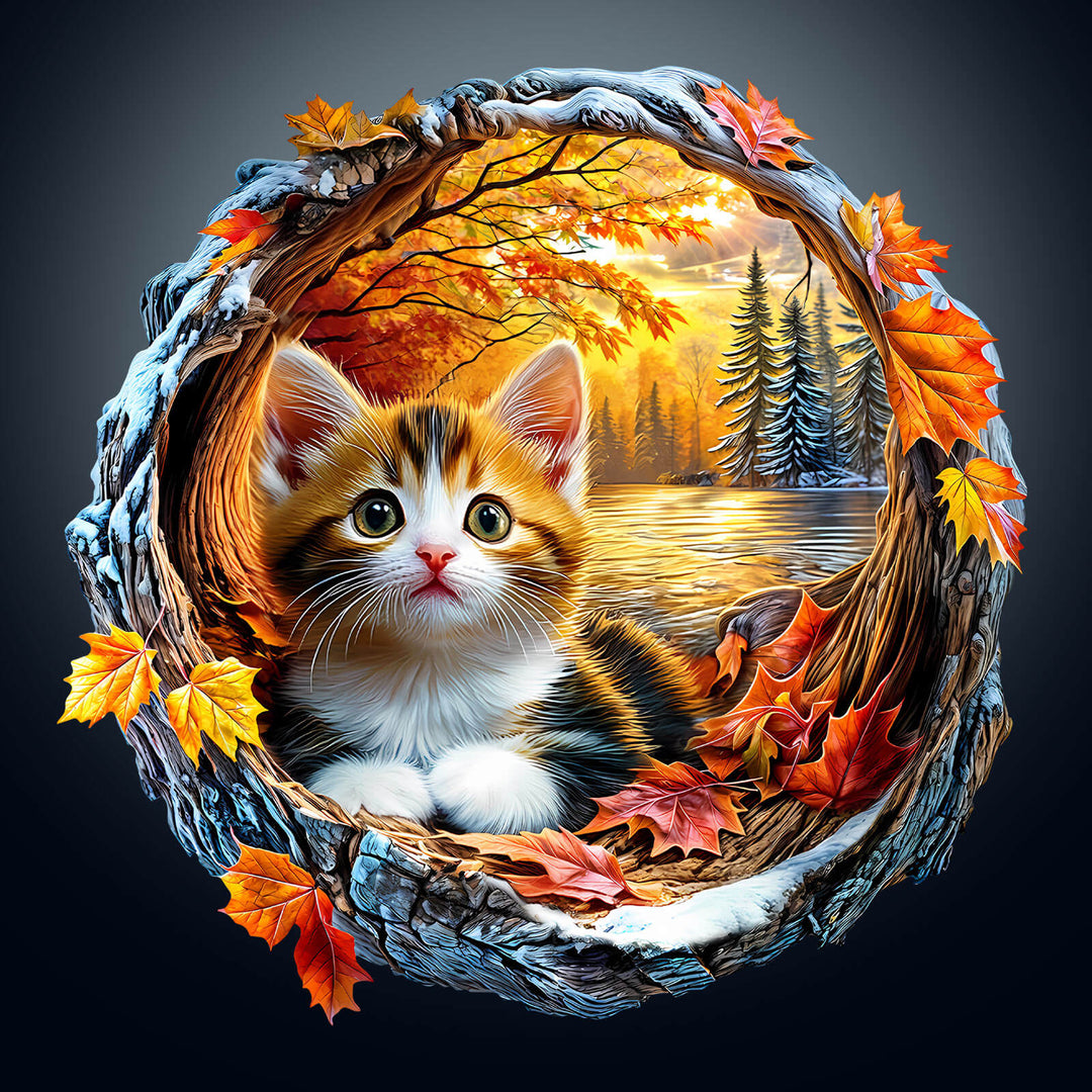 3D Kitten in Autumn jigsaw puzzle featuring a cute kitten surrounded by vibrant autumn leaves and a tranquil lake.