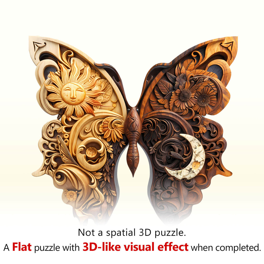 Yin Yang Butterfly wooden jigsaw puzzle showcasing intricate 3D-like design with sun and moon motifs, emphasizing flat puzzle art.