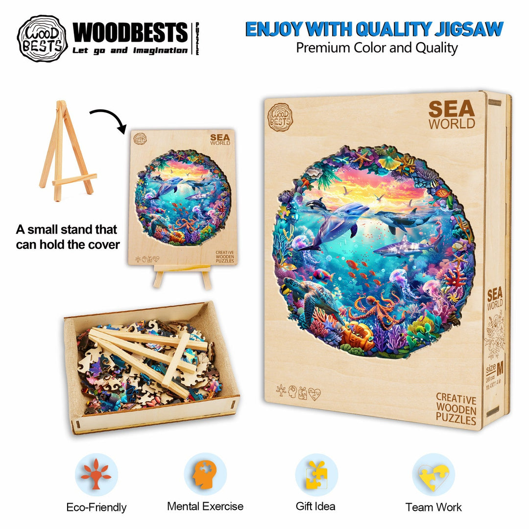 Sea World wooden jigsaw puzzle box and pieces, promoting mental exercise and eco-friendly fun for puzzle enthusiasts.