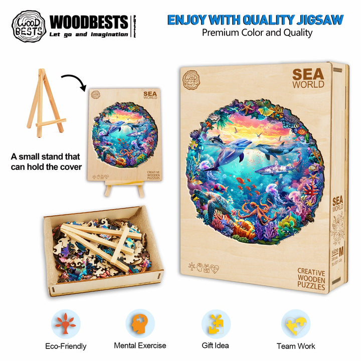 Sea World wooden jigsaw puzzle box and pieces, promoting mental exercise and eco-friendly fun for puzzle enthusiasts.