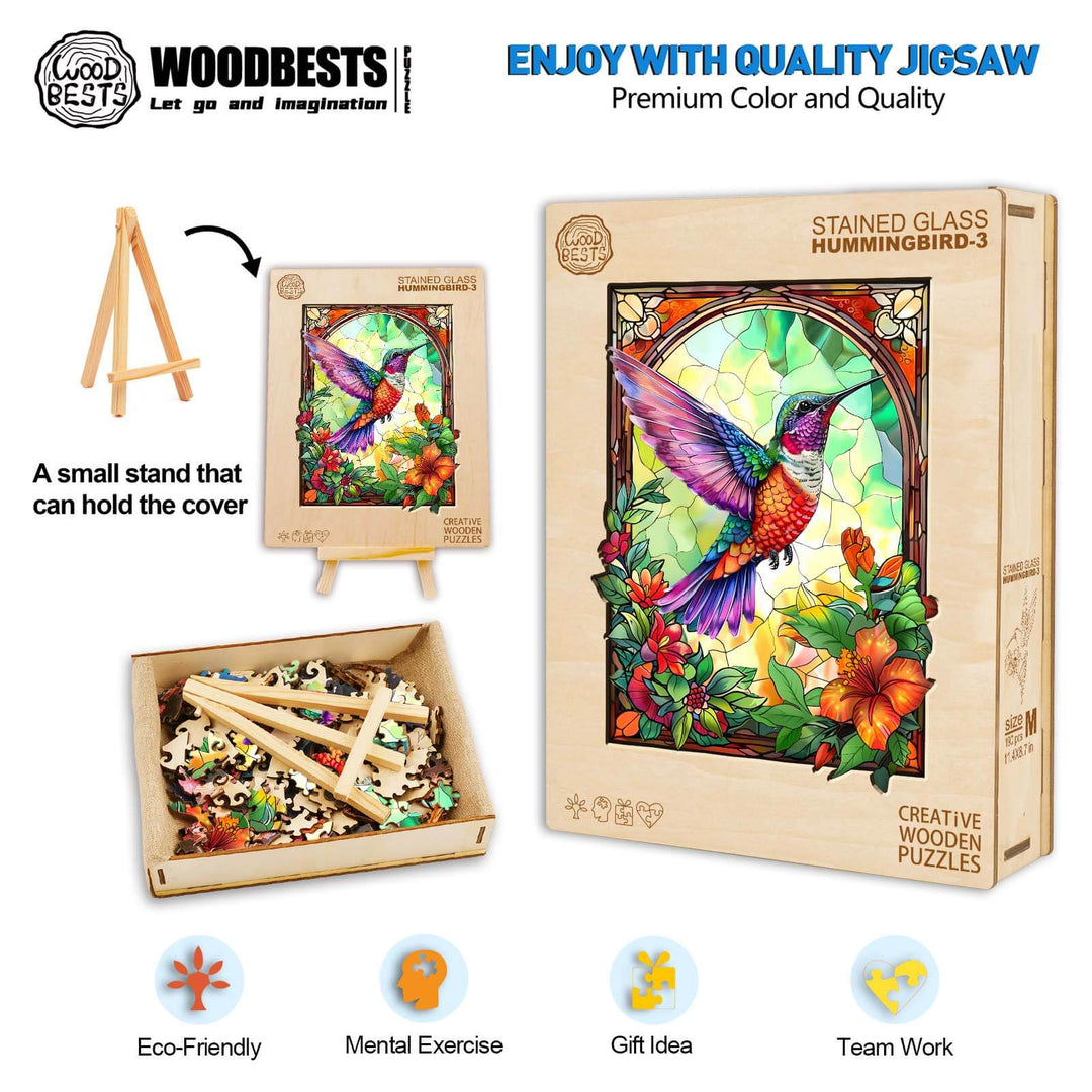 Stained Glass Hummingbird-3 Wooden Jigsaw Puzzle - Woodbests