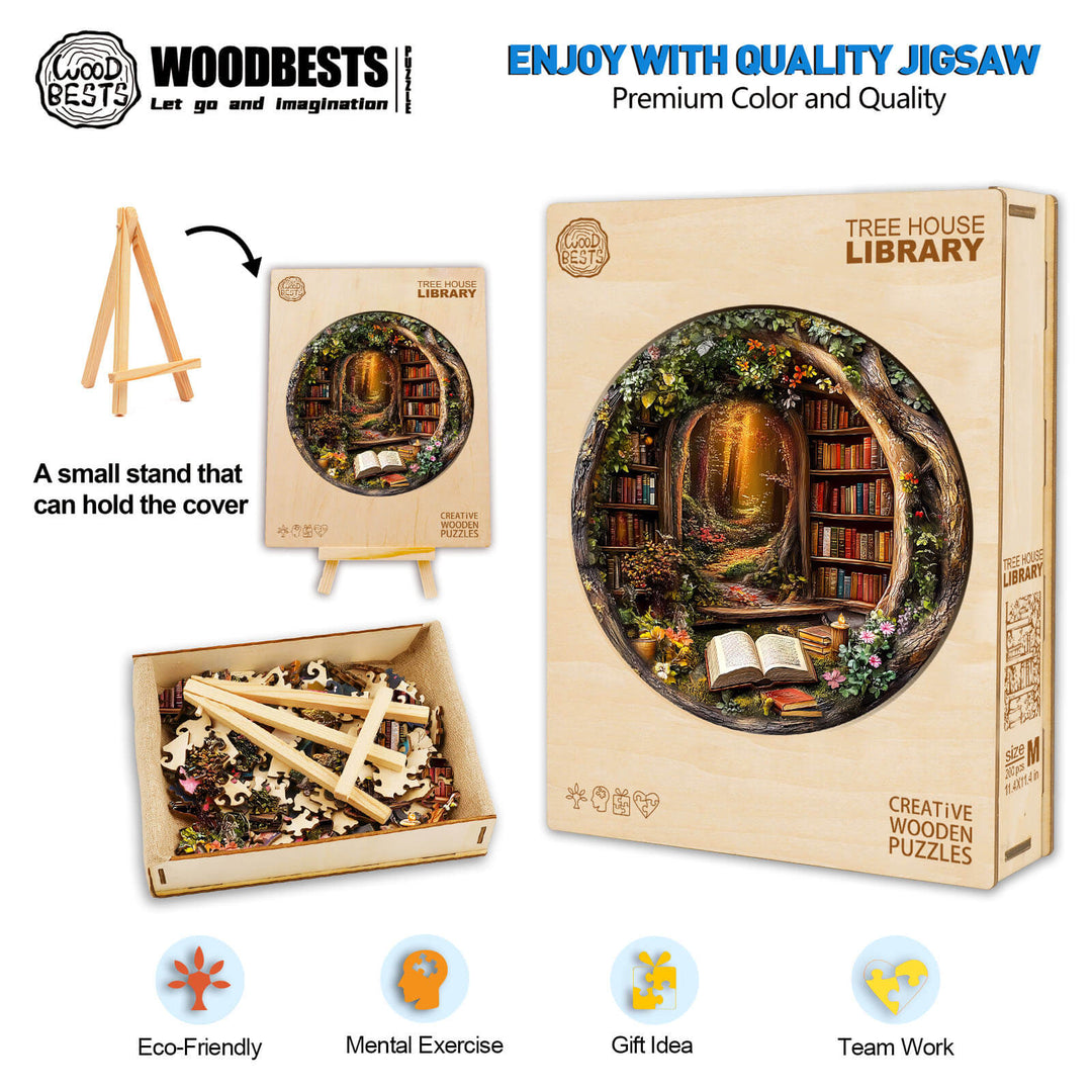 Tree House Library wooden jigsaw puzzle box with colorful design and eco-friendly pieces, perfect for mental exercise and gifts.