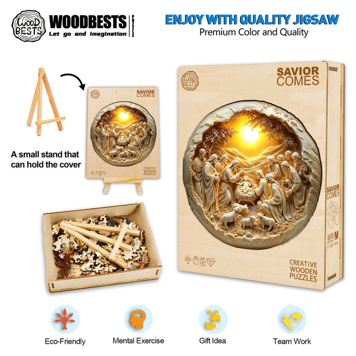 Savior Comes Wooden Jigsaw Puzzle featuring detailed design, eco-friendly materials, and a perfect gift for puzzle lovers.