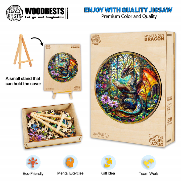 Mysterious Dragon Wooden Jigsaw Puzzle set with colorful pieces and stand for fantasy fans and puzzle lovers.