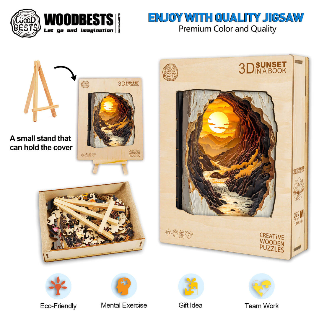 3D Sunset in a Book Wooden Jigsaw Puzzle - Woodbests