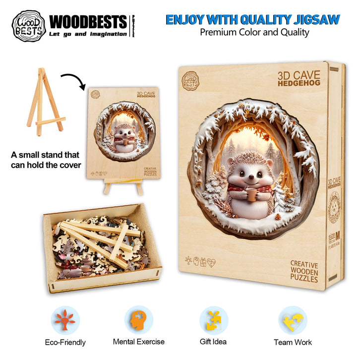 3D Cave Hedgehog wooden jigsaw puzzle set featuring eco-friendly pieces for mental exercise and quality team play.