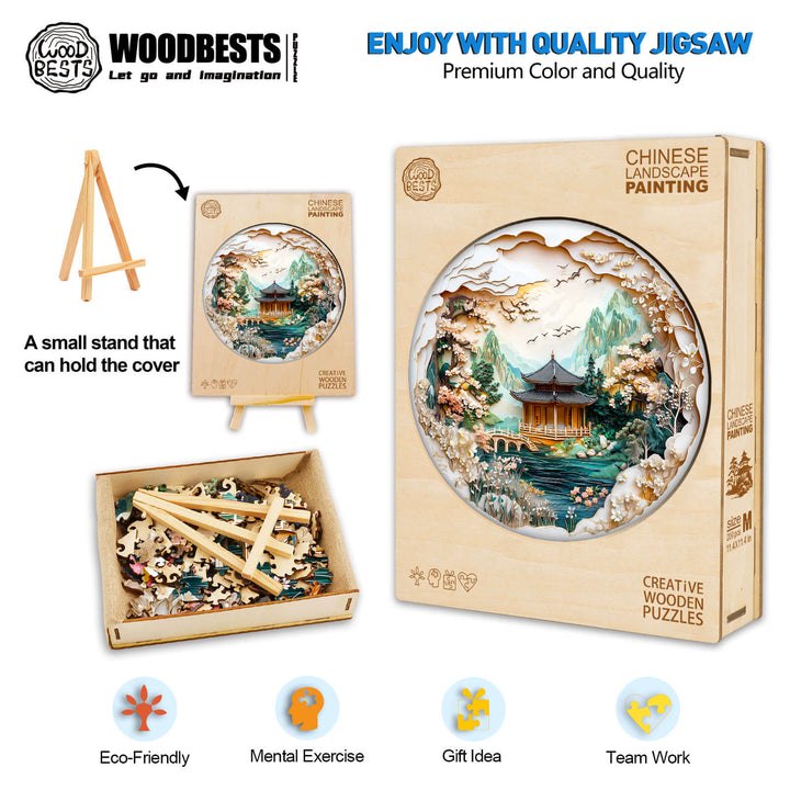 3D Chinese landscape painting wooden jigsaw puzzle with pieces and box design for mental exercise and creativity.