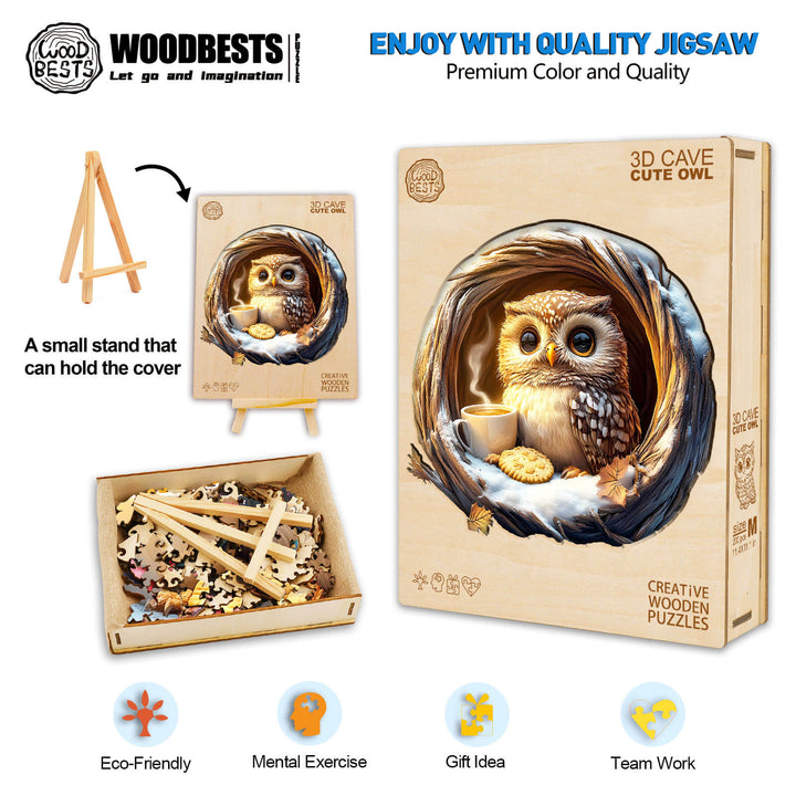 3D Cave Cute Owl wooden jigsaw puzzle packaging, featuring eco-friendly materials and mental exercise benefits.