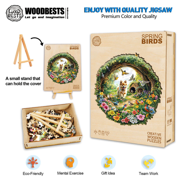 Spring Birds wooden jigsaw puzzle with eco-friendly box, stand, and pieces for mental exercise and teamwork.