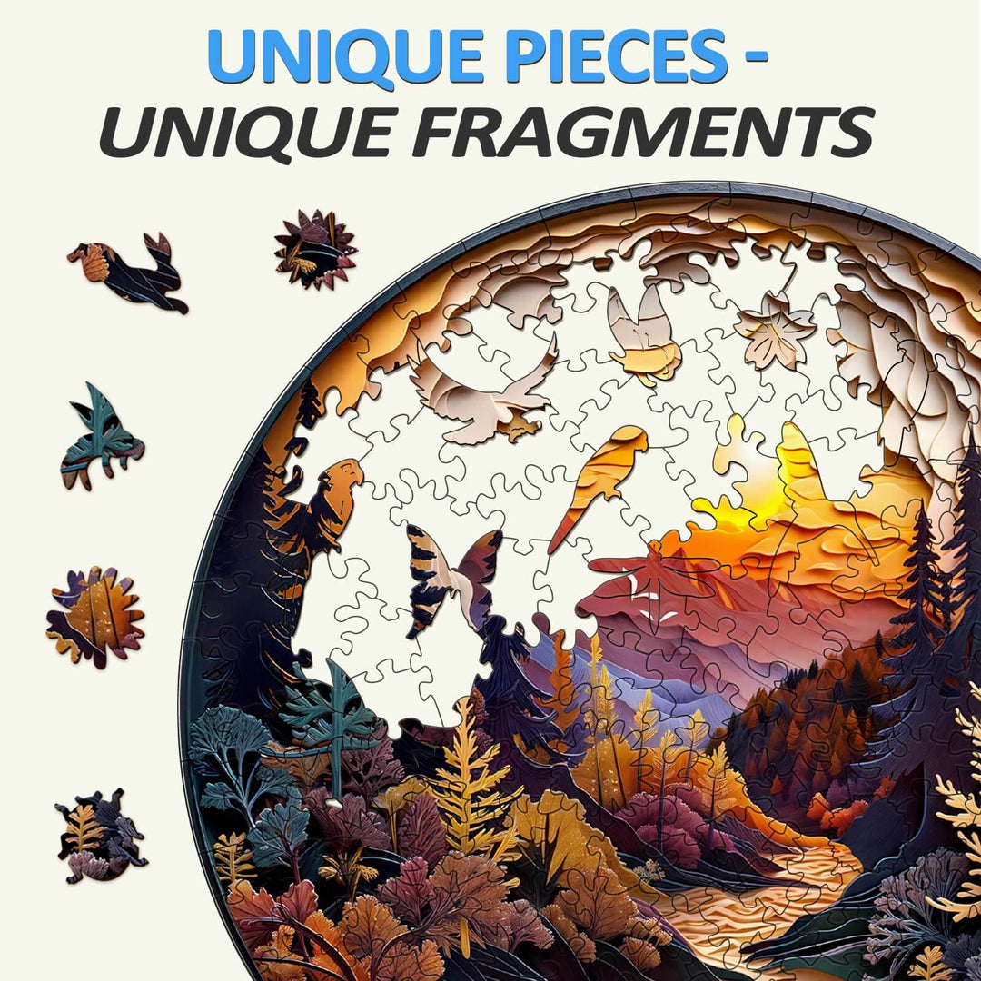 Colorful 3D Sunset Forest wooden jigsaw puzzle pieces with a beautiful sunset landscape.