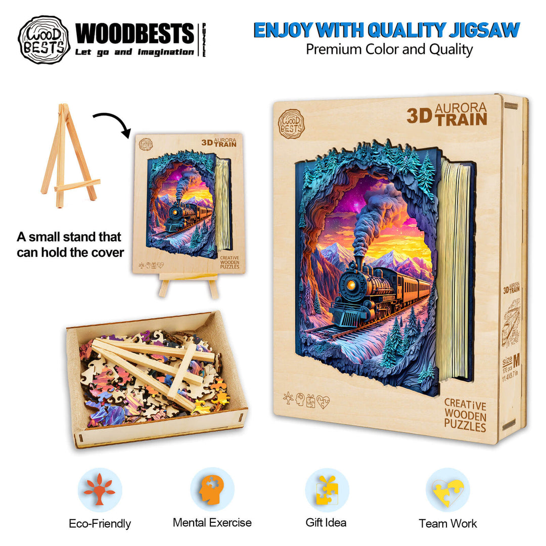 3D Aurora Train wooden jigsaw puzzle with vibrant colors, eco-friendly materials, and engaging design for mental exercise.