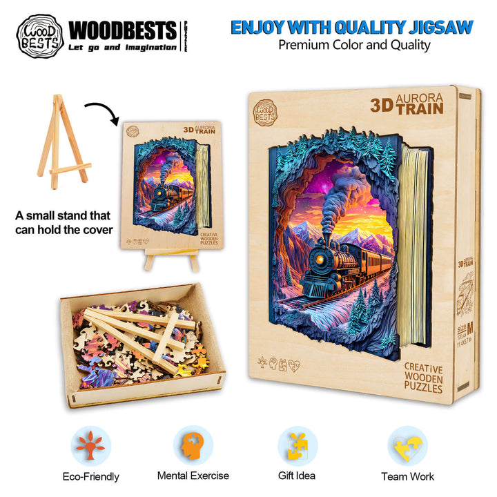 3D Aurora Train wooden jigsaw puzzle with vibrant colors, eco-friendly materials, and engaging design for mental exercise.