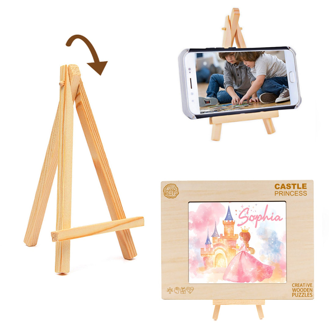 Wooden easel displaying a mobile phone and a personalized princess puzzle with the name Sophia.