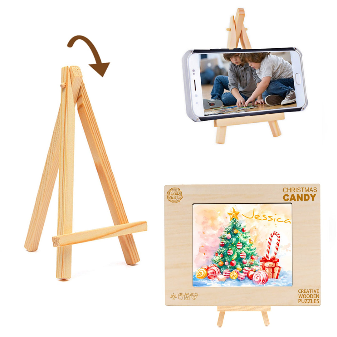 Wooden easel with phone displaying puzzle; personalized Christmas puzzle for kids, colorful holiday design.